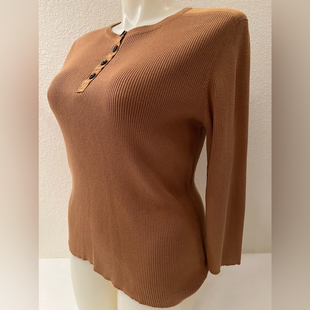 Ralph Lauren Henley Rib Knit Sweater Top XL 3/4 Sleeve  100% Cotton  Caramel Tan